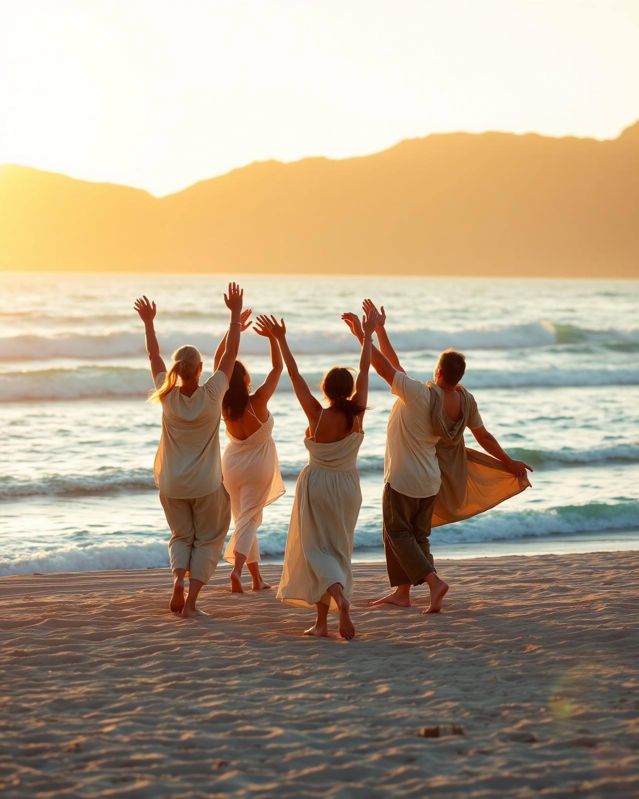 Personas danzando en la playa